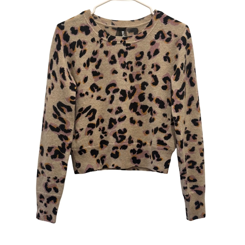 Naadam 100% Cashmere Pullover Sweater Size XS‎ Tan Pink Leopard Print Crew Neck